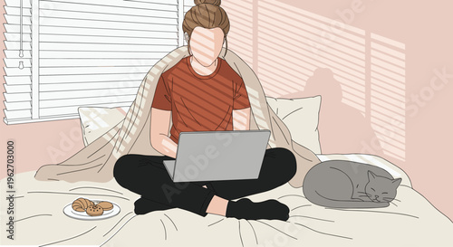 Woman working on laptop in bed with cat and breakfast cookies under sunlight through blinds for remote work lifestyle concept