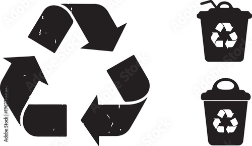 Recycling symbols and trash cans on white background illustration