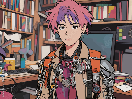 Young person with robotic arms and pink hair stands in a cluttered room filled with books and tech