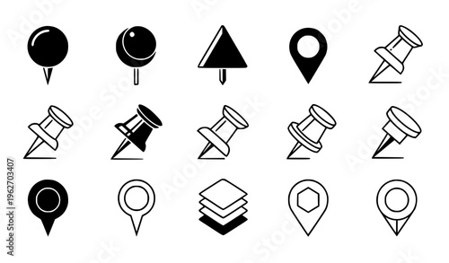 Map Marker and Push Pin Icon Set with Location Pins, Navigation Symbols, GPS Indicators, and Layered Map Elements for Apps, Travel, and Direction Design