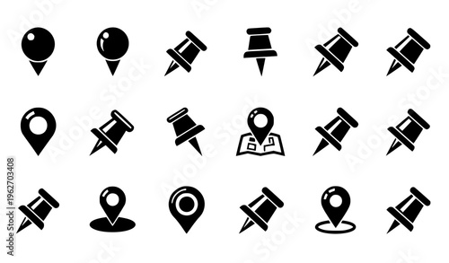 Map Pin and Push Pin Icon Set with Location Markers, Navigation Symbols, GPS Pointers, and Geolocation Elements for Maps, Apps, and Travel Design