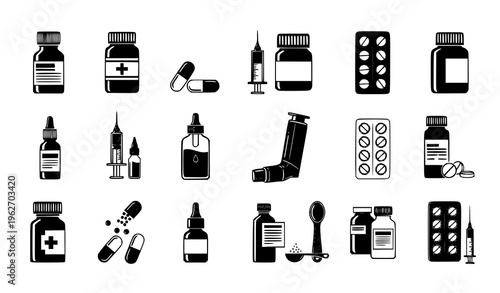 Medical Medication Icon Set with Syringes, Pills, Capsules, Medicine Bottles, Blister Packs, and Pharmaceutical Symbols for Healthcare, Pharmacy, and Treatment Design