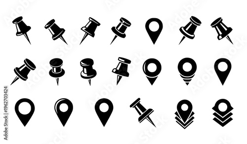 Map Pin and Push Pin Icon Set with Location Markers, GPS Navigation Symbols, Pointer Icons, and Geolocation Elements for Maps, Apps, and Travel Design