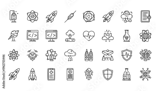 Technology and Innovation Icon Set with Artificial Intelligence, Cloud Computing, Cyber Security, Data Processing, Robotics, and Digital Transformation Concepts for Modern Design