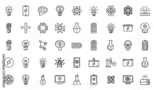 Innovation and Technology Icon Set with Light Bulb Ideas, Brainstorming Symbols, AI, Robotics, Science Elements, and Creative Thinking Concepts for Modern Design