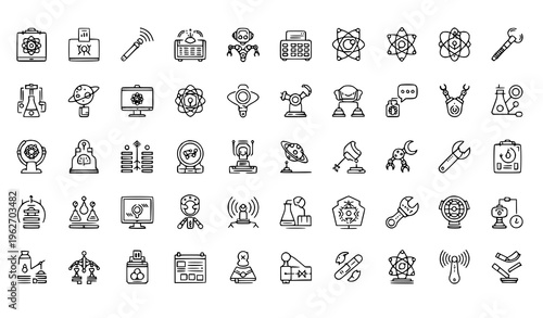 Science and Laboratory Icon Set with Research Equipment, Chemistry Symbols, DNA, Microscope, Experiment Tools, and Scientific Elements for Education and Innovation Design