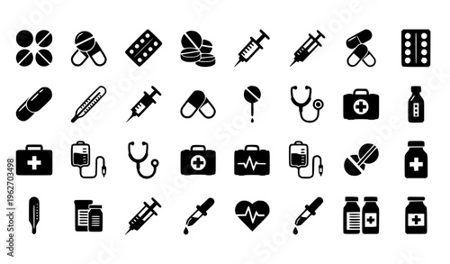 Medical and Healthcare Icon Set with Pills, Syringes, Stethoscope, First Aid Kit, Heartbeat Symbols, Medicine Bottles, and Clinical Equipment for Hospital and Pharmacy Design