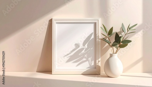 Minimalist interior design mockup featuring a blank white frame and a vase with green leaves casting soft shadows on a neutral background, perfect for home decor or art display