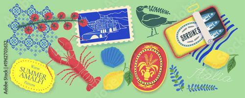 Amalfi summer pattern with sardines, lobster and lemons. Italian beach vibes, retro stamps, blue tiles and coastal ornament. Italian text translate: The sweet life, Summer in Italy on Amalfi Coast.