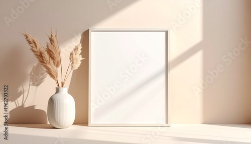 Elegant blank white frame mockup in a sunlit minimalist interior with dried pampas grass, ideal for showcasing artwork or photos with a natural aesthetic