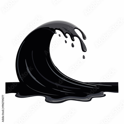 Black oil wave splashing on white background with droplets of oil are suspended