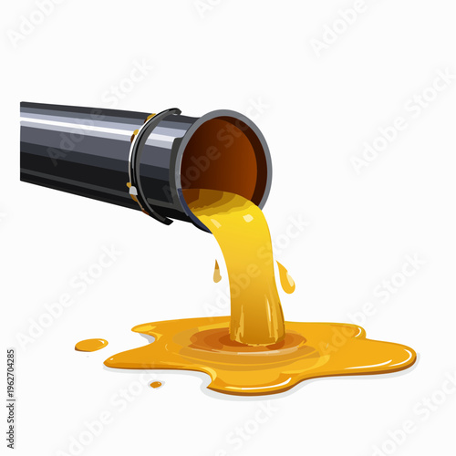 Pipe releasing golden liquid, creating a spill, industrial pipe