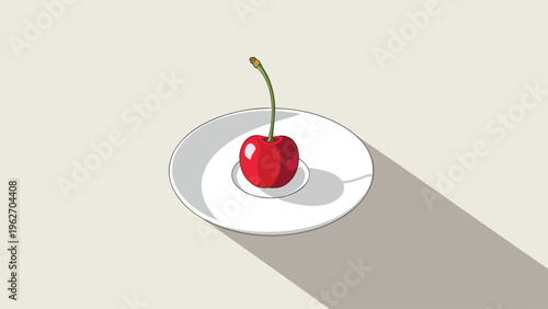 Single Fresh Cherry on White Plate, Minimalist Food Photography for Commercial Use