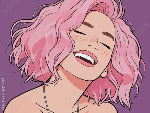 Woman with pink hair smiles widely with closed eyes, showing happiness in front of a purple background