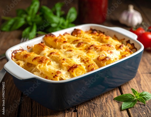 Baked pasta dish with golden-brown cheese, surrounded by fresh herbs and tomatoes