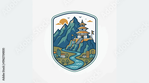 Scenic Mountain Landscape with a Temple and River
