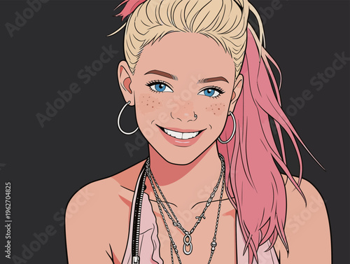 Young woman with light hair and bright blue eyes smiles against a dark background in a casual setting during daylight