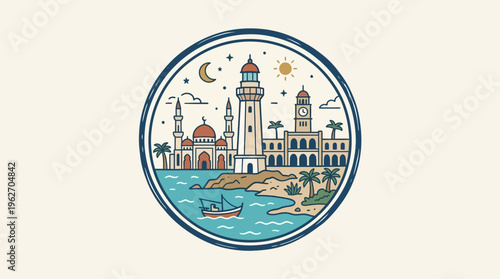Coastal Cityscape within a Circular Frame