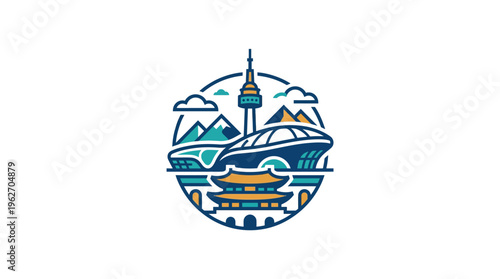 Seoul City Skyline Icon with Landmark Buildings