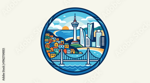 Stylized Busan Cityscape in Circular Frame