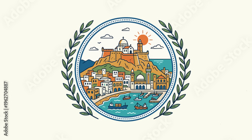 Algerian Cityscape Emblem with Laurel Wreath
