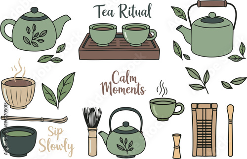 Calm Matcha Tea Ceremony Zen Ritual Lifestyle, Illustration Cartoon Collection