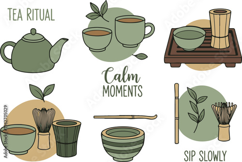Calm Matcha Tea Ceremony Zen Ritual Lifestyle, Illustration Cartoon Collection