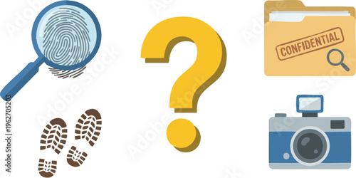 Detective Investigation Icons with Question Mark and Fingerprint.