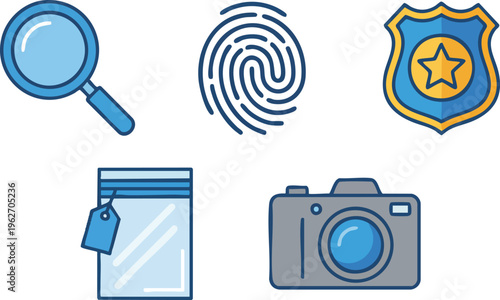 Magnifier, Fingerprint, Badge, Evidence Bag, and Camera Icons.