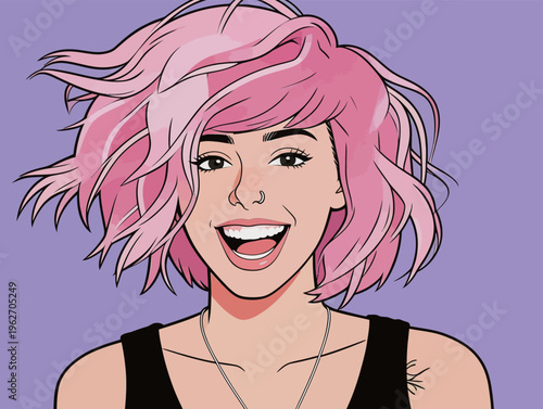 Person with pink hair smiles while facing the viewer in a bright and colorful background during daytime