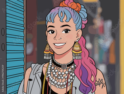 Young woman stands in a busy market with colorful hair and jewelry showing a blend of styles and cultures