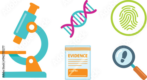 Forensic Science Icons Including Microscope DNA and Fingerprint.