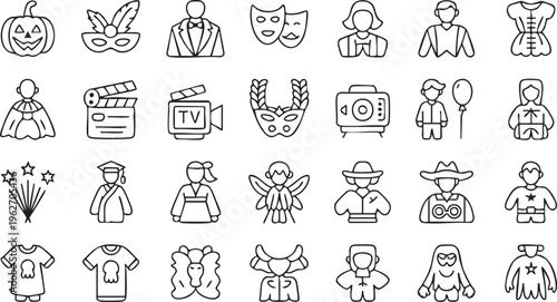 Halloween Costume And Party Line Icons With Masks And Characters Set