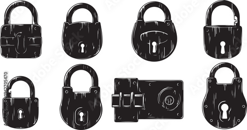 Collection of black padlocks on a white background illustration