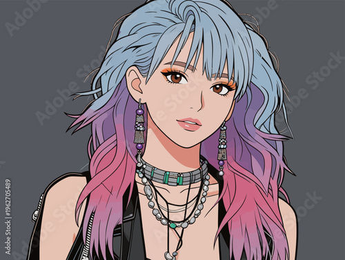 Young woman with colored hair wearing jewelry and a jacket stands against a dark background while looking directly at the viewer