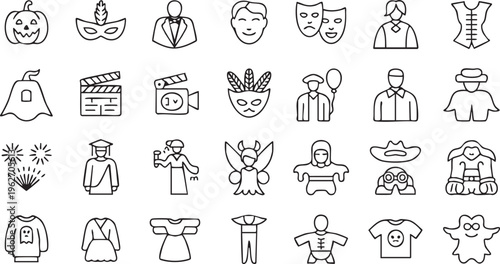 Party And Celebration Icon Set With Costumes Masks And Characters