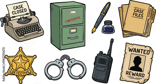 Detective Investigation Icons with Typewriter Badge and Handcuffs.