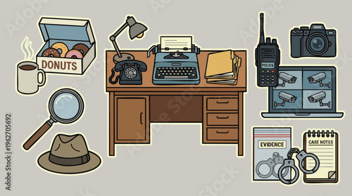 Detective Desk Illustration with Typewriter and Police Equipment.
