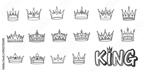 Collection of 16 unique crown illustrations and a bold 'king' text