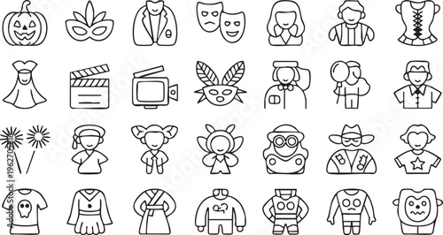 Outline Costume And Character Icons For Party Event Design Use
