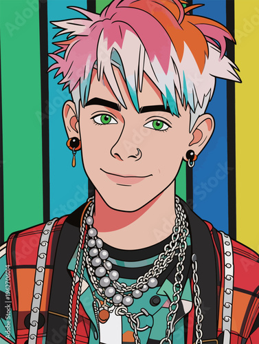 Young person with colorful hair and distinctive fashion stands in front of striped background