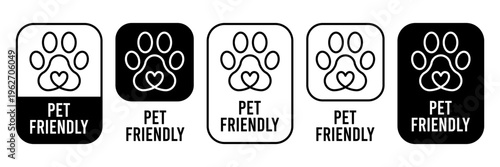 Pet Friendly icon set. Vet approved, Veterinary diet, Veterinarian approved icons. Pet Friendly logo, label, sign, badge, symbol, line, flat vector, isolated illustration. Dogs and cats allowed sign.
