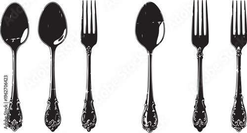 Set of antique silverware on white background