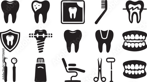 Dental Care And Dentist Icons With Teeth And Orthodontic Tools