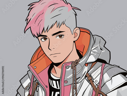 Character wearing a shiny jacket with pink and gray hair stands against a plain background with a serious expression