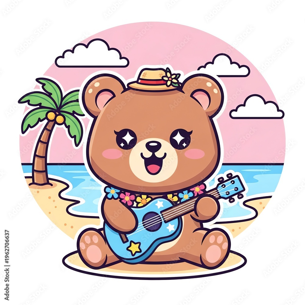 Fototapeta premium Cute Bear Playing Ukulele on Beach.