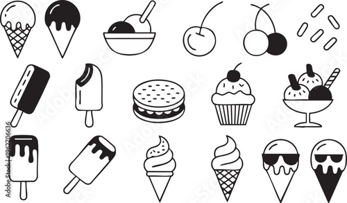 Dessert And Ice Cream Icon Set With Cones Popsicles And Sundaes