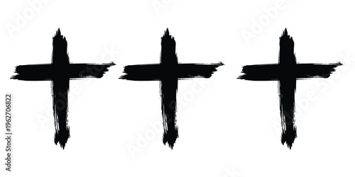 Three black crosses on a white background with brush stroke effect