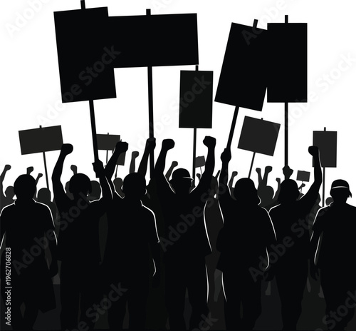 Silhouette Group of Protesters Raising Signs and Banners During a Public Demonstration or Political Rally