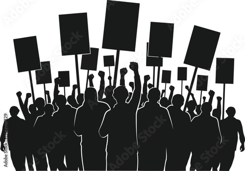 Protest crowd silhouette with blank signs and raised fists for political activism and social movements